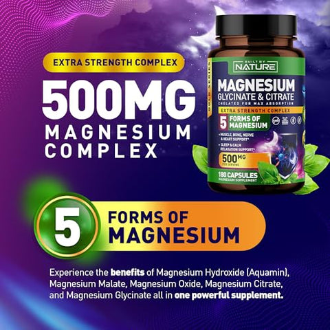 Built by Nature - Complexo de Magnésio 500mg – 5 Formas de Magnésio Glicinato, Citrato, Malato, Óxido
