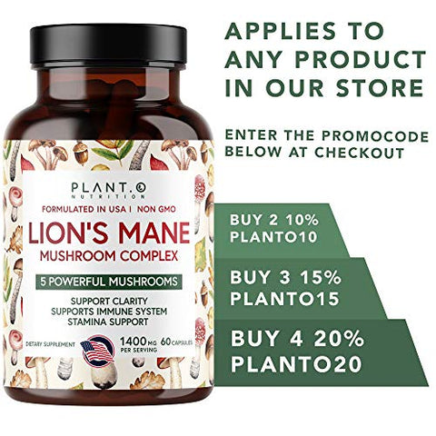 PLANT.O NUTRITION - Plant.O Premium Lion’s Mane – Suplemento Natural para o Cérebro com 5 Cogumelos – Lion’s Mane, Reishi, Chaga, Maitake, Shiitake – Imunidade, Foco, Humor – 60 cápsulas