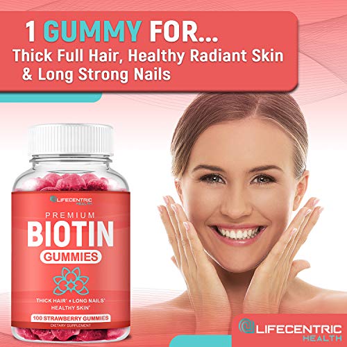 LifeCentric Health - Biotina Gummies para Crescimento Capilar | Biotina Max Strength 10000mcg Previne Afinamento e Queda | Gomas de Biotina Mastigáveis para Mulheres, Homens e Crianças | 100 Unidades Veganas de Gomas Capilares