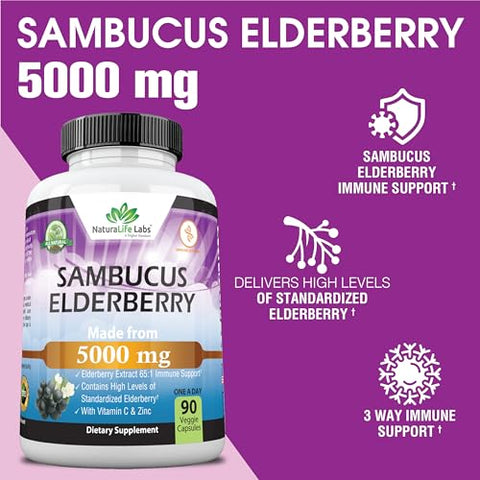 NaturaLife Labs A Higher Standard - NaturaLife Labs Sambucus Elderberry 5.000 mg Super Concentrado 65:1 com Vitamina C – Potente Antioxidante Natural