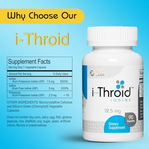 RLC Labs - Suplemento RLC, i-Throid 12,5 mg, Iodeto e Iodeto para Suporte à Saúde da Tireoide e Equilíbrio Hormonal, 90 cápsulas (90 porções)