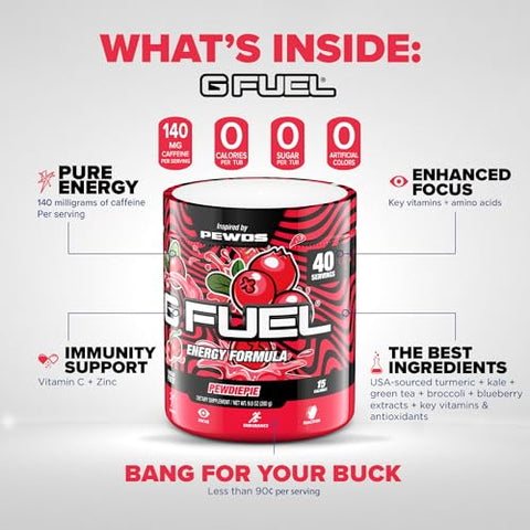 PewDiePie – Pó Energético, Sem Açúcar, Foco com Cafeína Limpa, Mistura para Água, Sabor de Lingonberry, Aminoácidos de Foco, Vitaminas e Antioxidantes – 280g (40 Porções) - G Fuel