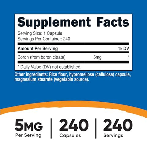 Cápsulas de Boro 5mg, 240 Cápsulas Vegetarianas – Livre de Glúten e Não-OGM - Nutricost