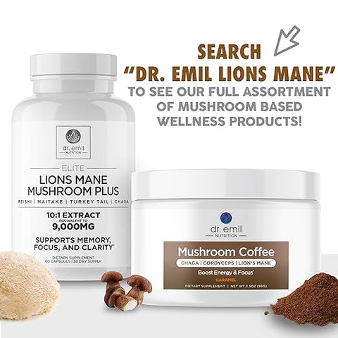 Cápsulas de Suplemento Orgânico de Lion’s Mane 9000mg com Chaga e Reishi – Potencialize sua Saúde Cerebral e Imunidade - DR. EMIL NUTRITION