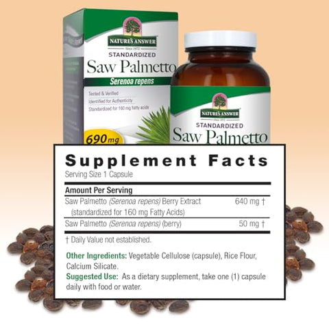 Nature's Answer - Nature’s Answer Saw Palmetto 690 mg 120 Cápsulas | Suporte para Próstata | Suporte Natural para o Trato Urinário | Estimula o Crescimento Capilar | Contagem Individual