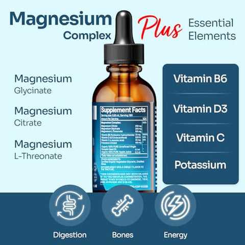HERBANA MANUFACTURING - Triple Complex Magnesium 120 ml Liquid Drops – Avançado Complexo de Magnésio Citrato, Glicinato, L-treonato com Vitaminas B6, D, C – Alta Potência 100% Absorção – Família