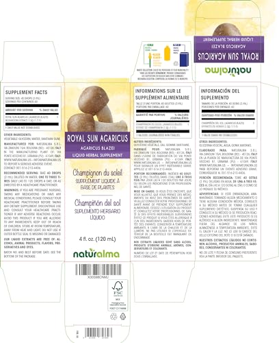 Royal Sun Agaricus ou Cogumelo Amêndoa (Agaricus blazei ou A. subrufescens) Tintura sem Álcool – Extrato Líquido em Gotas 120 ml – Suplemento Herbal – Vegano - Naturalma