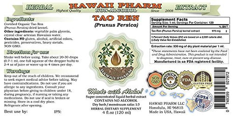Hawaii Pharm - Tao Ren Extrato Líquido Sem Álcool, Tao Ren, Glicerito de Núcleo de Pêssego (Prunus Persica) Herbal 120 ml