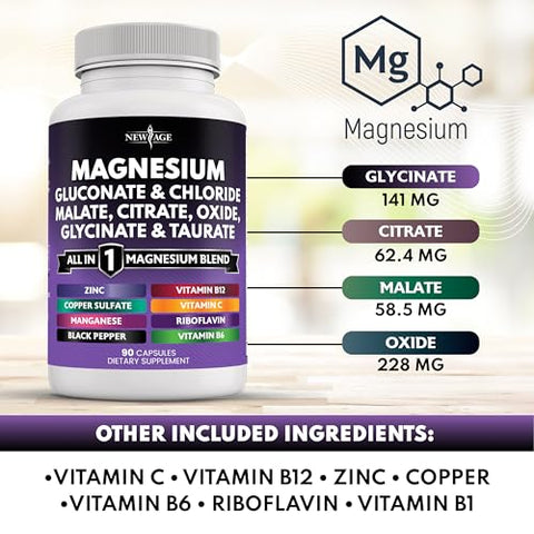 NEW AGE - Magnésio Suplemento – Poderoso Glicinato Citrato Malato Óxido Taurato Aspartato Gluconato Orotato 500g