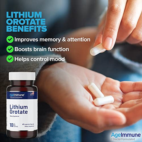 AgeImmune - Suplemento Lithium Orotate 10mg, 60 Cápsulas Vegetarianas. Suporte para Memória e Bem-Estar Emocional. Livre de Estearato de Magnésio