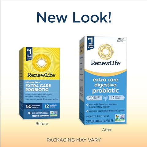 Cápsulas Probióticas Digestivas Extra Care, 50 Bilhões de UFC Garantidos, Apoio Diário à Saúde Imunológica, Digestiva e Respiratória, L. Rhamnosus GG, Sem Laticínios, Sem Soja - Renew Life