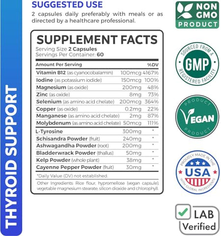 Healths Harmony - Thyroid Support with Iodine – 120 Cápsulas (Non-GMO) Aumente sua Energia – Raiz de Ashwagandha, Zinco, Selênio, Complexo de Vitamina B12 – Suplemento para Saúde da Tireoide para Mulheres e