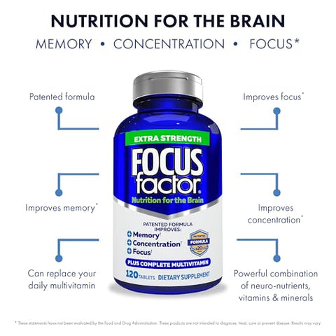 Extra Strength 120 Cápsulas – Suplemento Cerebral para Memória, Concentração e Foco – Multivitamínico Completo com DMAE, Vitamina D, DHA – Vitaminas de Confiança para a Saúde - Focus Factor
