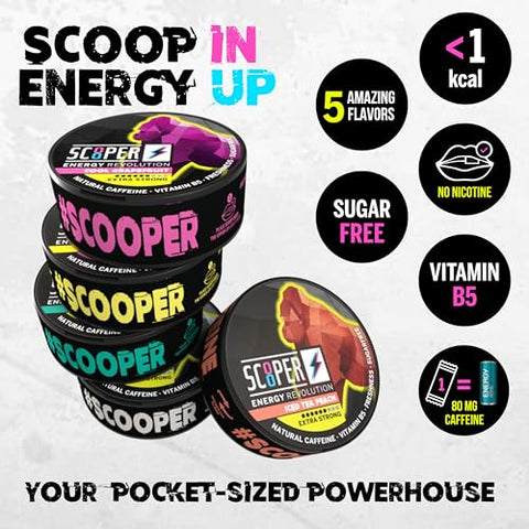 SCOOPER ENERGY - I 5 latas I Tudo em uma caixa I Sachês de Energia sem açúcar I 80 mg de cafeína natural I Pacote com todos os sabores I 12 sachês I Uva Refrescante, Hortelã Fresca, Cola Gelada, Pêssego Gelado