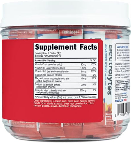 Complexo de Eletrólitos, Sabor Fruta Punch, 40 Stickpacks – Complexo Avançado de Hidratação - Nutricost