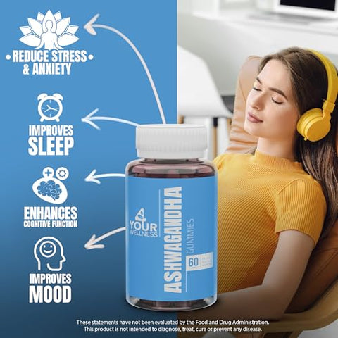 4 Your Wellness - Ashwagandha Gummies Mixed Berry KSM-66, Lion’s Mane, Vitamina-D, Sem-OGM, Sem Glúten, Sem Gelatina – 100g