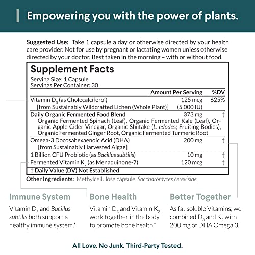 Nutritional Roots - Vitamina D3 K2 à base de plantas, 5000 UI de vitamina D3, probióticos, ômega 3 DHA de algas, mistura de alimentos orgânicos, escolha do médico, vegano, 1 mês de suprimento, 30 comprimidos