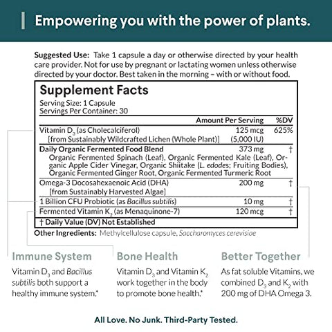 Nutritional Roots - Vitamina D3 K2 à base de plantas, 5000 UI de vitamina D3, probióticos, ômega 3 DHA de algas, mistura de alimentos orgânicos, escolha do médico, vegano, 1 mês de suprimento, 30 comprimidos