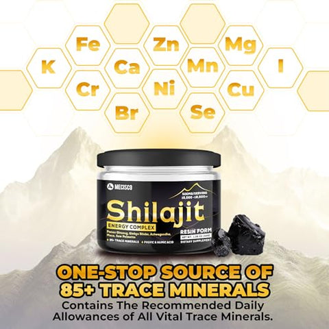 Mecisco - Resina Orgânica Pura do Himalaia Shilajit com Complexo Energético – Raiz de Panax Ginseng, Folha de Ginkgo Biloba | 100% Natural | 30g