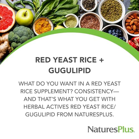 Herbal Actives Red Yeast Rice Gugulipid – 450 mg, 120 Cápsulas Veganas – Saúde do Coração, Suporte ao Colesterol – Vegetariano, Sem Glúten – 120 Porções - Natures Plus