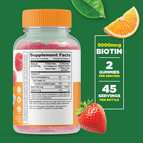 Gummies de Biotina para Crianças – 5.000mcg – Sabor Natural Delicioso – Vitaminas em Goma Vegetarianas Livres de OGM – Mastigáveis – para Cabelos Lindos - Lifeable