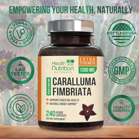 Health Nutrition Naturals - Caralluma Fimbriata Extract 1200mg – Cápsulas de Caralluma Fimbriata Natural de Força Máxima para Suporte de Resistência, Melhores Cápsulas Veganas para Mulheres e Homens – 240 Cápsulas