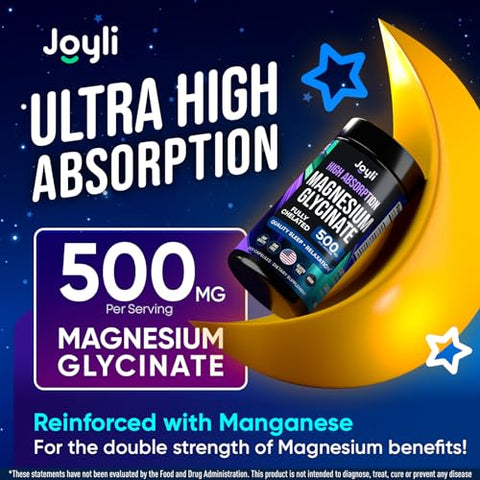 JOYLI Nutrition - Magnésio Glicinato 500MG – Sono Reparador – Alta Absorção – Extrato de Raiz de Ashwagandha – Manganês – Glicinato De Magnésio 400mg 100mg 200g