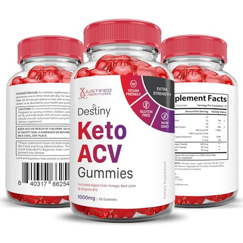 Justified Laboratories - Destiny Keto Gummies ACV 1000MG Fórmula Avançada – Vinagre de Maçã com Romã e Beterraba em Pó B12 Vegan Non GMO 60 Gummys