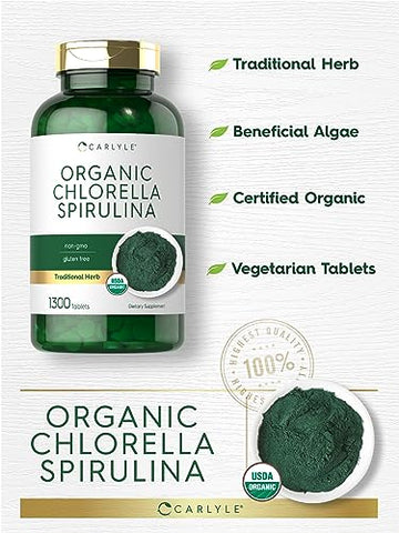 Chlorella Spirulina Orgânica em Comprimidos | 1300 Unidades | Mistura 50/50 | Livre de Transgênicos e Glúten - Carlyle