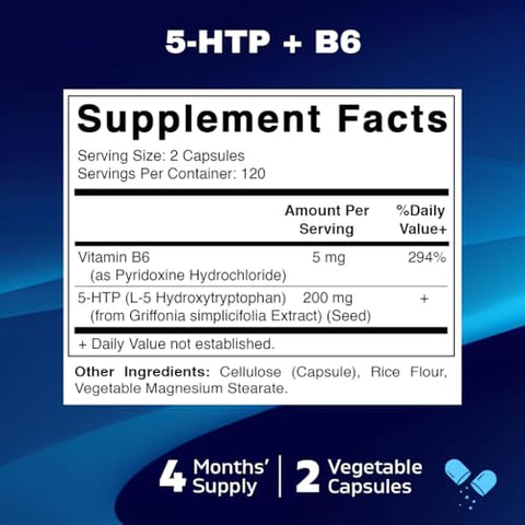 5-HTP 200mg com B6 5mg por Porção – 240 Cápsulas Vegetarianas (5-Hidroxitriptofano) – Extrato de Semente de Griffonia Simplicifolia - Vitamatic