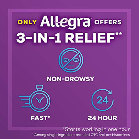 Adulto 24HR Gelcaps Antialérgico Não Sonolento, 60 Unidades, Alívio Rápido dos Sintomas de Alergia, 180 mg - Allegra