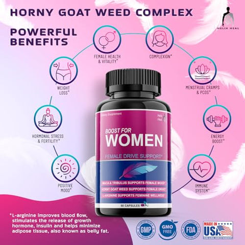 Helix Heal - Potente Estimulante de Libido Feminino – Suplemento para Mulheres com Ação Rápida – Hornygoatweed, Maca, Tribulus Terrestris e Ginseng – 60 cápsulas