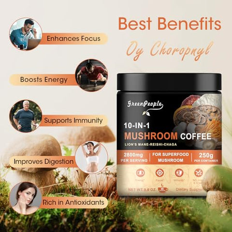 GREENPEOPLE - Café de Cogumelo 10 em 1 | Alternativa de Café de Cogumelo com Lion’s Mane, Reishi, Turkey Tail | 100% Natural | 30g