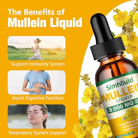 Simhould - 2 Pack Tintura de Mullein – 3000mg Extrato de Folha de Mullein Orgânico para Desintoxicação Pulmonar e Saúde Respiratória, Suplemento Natural, Suporte Digestivo e Impulsionador Imunológico, Marca X