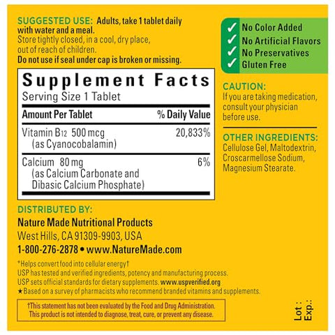 Vitamina B12 500 mcg, Suporte para Metabolismo Energético, 200 Comprimidos, Suprimento para 200 Dias - Nature Made