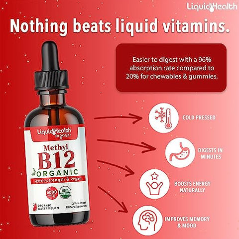 Vitamina B12 Methylcobalamin Líquida Orgânica com Suco de Cereja – Energia, Sistema Imunológico e Memória - LIQUIDHEALTH