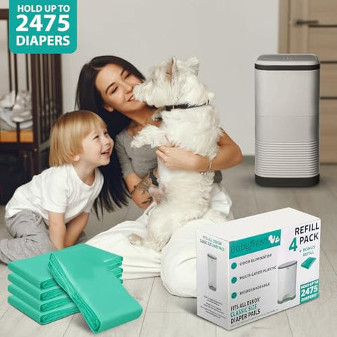 Baby Fresh - Refis Compatíveis com DEKOR Classic Diaper Pails 4 Pack + 1 Extra Exclusivo 30%% Mais Espessura Sacos de Reposição para Lixeira de Fraldas com Poderosa Eliminação de Odores e Fragrância Fresca em Pó | Marca DEKOR