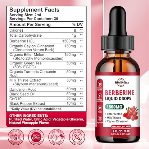ReviNutra - Berberine HCL Líquido 1500mg com Canela Ceylon, Melão Amargo, Cardo de Leite – Sistema Imunológico e Digestivo – Marca Berberine Drops