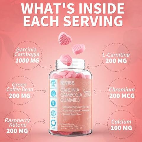 NEVISS - Gummies Garcinia Cambogia Sem Açúcar 1000mg 95%% HCA com L-Carnitina, Cetona de Framboesa, Cromo, Café Verde para Metabolismo, Energia, Extrato Orgânico 100%%, Vegano