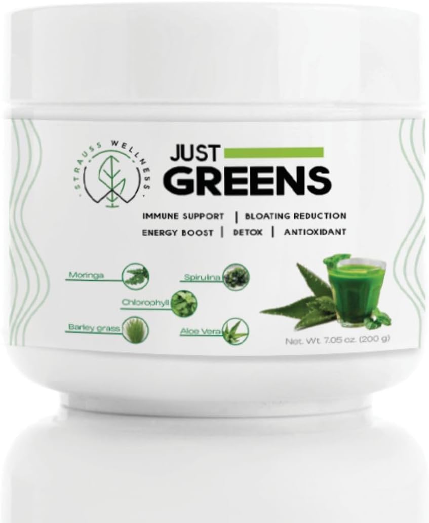 STRAUSS WELLNESS - Just Greens – Pó de Superfood – Clorofila, Spirulina, Moringa, Aloe Vera – 100g
