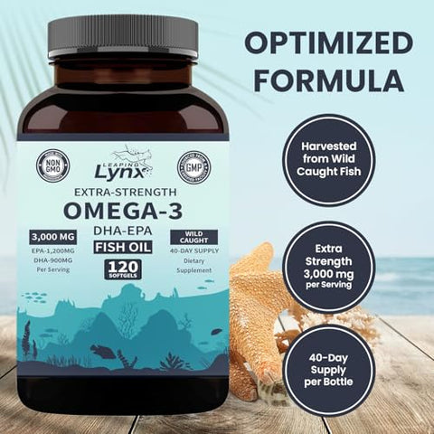 Leaping Lynx - Óleo de Peixe Ômega-3 3000mg – 1200mg EPA | Alta Potência | Marca Omega-3 | 120 Cápsulas