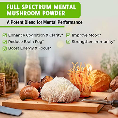 Maju Superfoods - MAJU’s Extrato de Pó de Cogumelo Mental, Forte Leão da Montanha, Chaga, Reishi, Cordyceps, Corpos Frutíferos para Café, Impulsionador do Sistema Imunológico, Suplemento Cerebral Nootrópico, Memória, 100g