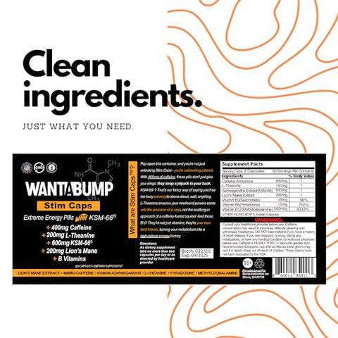 Want A Bump - Pílulas de Energia Extrema | 400mg de Cafeína | 600mg de Ashwagandha | 200mg de Lion’s Mane | Aumento de Energia