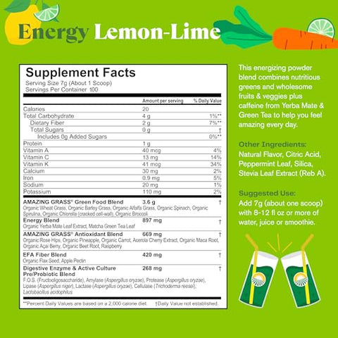 Green Superfood Energy: Pó de Verdes com Cafeína à Base de Plantas, Chá Verde Matcha e Semente de Linhaça, Suporte Nootrópico, Limão Lima, 100 Porções - Amazing Grass