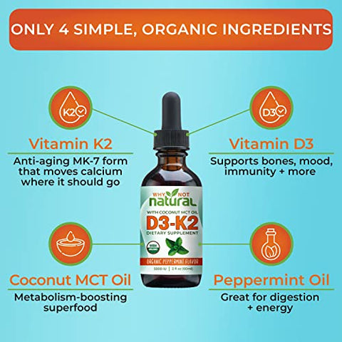Why Not Natural - Vitamina D3 K2 (MK-7) Líquida, 5000 UI de D3 sublingual com Óleo de Coco MCT, para ossos e dentes fortes, suporte ao coração e imunidade