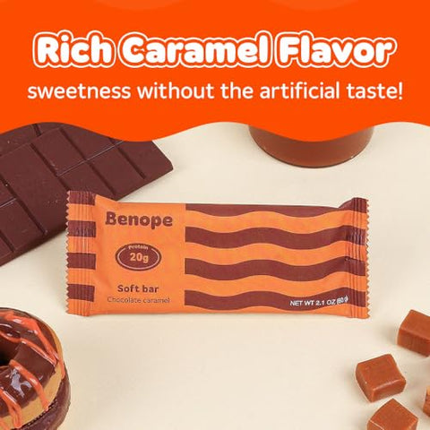 BENOPE - Benope Softbar – Barra de Proteína de Chocolate Caramelo 60g x 12un, Alta Proteína, Baixo Açúcar, Baixo Carboidrato, Sem Glúten, Barra Energética, Lanche Nutritivo, Snacks Proteicos