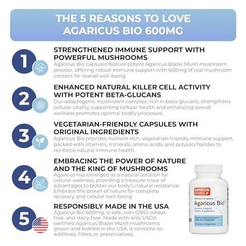 Superfood Science - Agaricus Bio 600 mg – Cápsulas de Agaricus Blazei Murill Orgânico dos EUA para Suporte Imunológico e Hepático