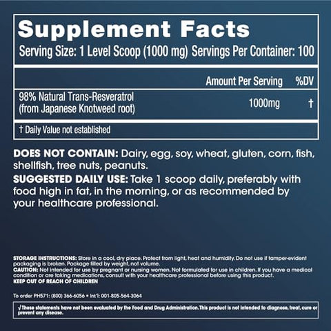 Longevity – Pó Trans Resveratrol a Granel 100g – Grau Farmacêutico Puro, 1000mg por Porção, Absorção e Bioacessibilidade Superiores - ProHealth