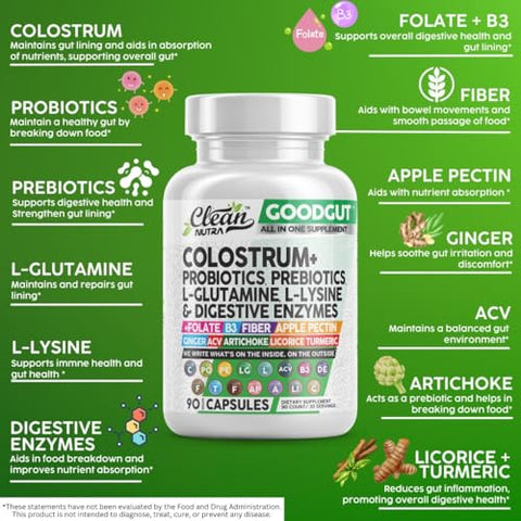 Clean Nutraceuticals - Colostrum Clean Nutra Good Gut – Cápsulas de Suplemento com Probióticos, Prebióticos, L-Glutamina, Enzimas Digestivas, Folate, Fibra, ACV, Cúrcuma, Pectina de Maçã e Turmeric – 100% Natural e Eficaz