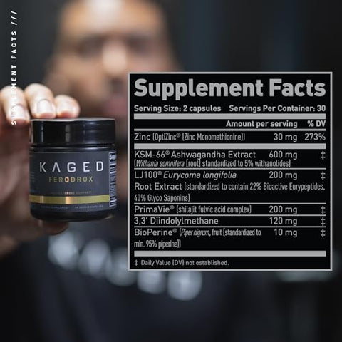 Testosterone Booster | Ferodrox | Suplemento de Gerenciamento Hormonal Ultra-Premium com LJ100 Tongkat Ali | KSM-66 Ashwagandha | Shilajit | 60 Porções - Kaged